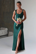 Auren | Red - A - Line Square Neck Satin Long Prom Dresses with Slit - KissProm