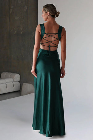 Auren | Red - A - Line Square Neck Satin Long Prom Dresses with Slit - KissProm