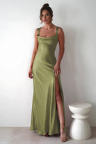 Auren | Red - A - Line Square Neck Satin Long Prom Dresses with Slit - KissProm