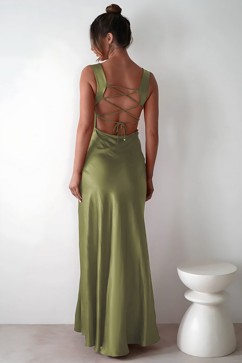 Auren | Red - A - Line Square Neck Satin Long Prom Dresses with Slit - KissProm