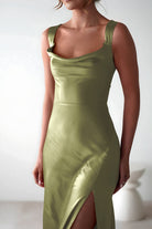 Auren | Red - A - Line Square Neck Satin Long Prom Dresses with Slit - KissProm