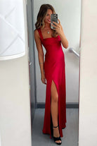 Auren | Red - A - Line Square Neck Satin Long Prom Dresses with Slit - KissProm