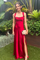 Auren | Red - A - Line Square Neck Satin Long Prom Dresses with Slit - KissProm