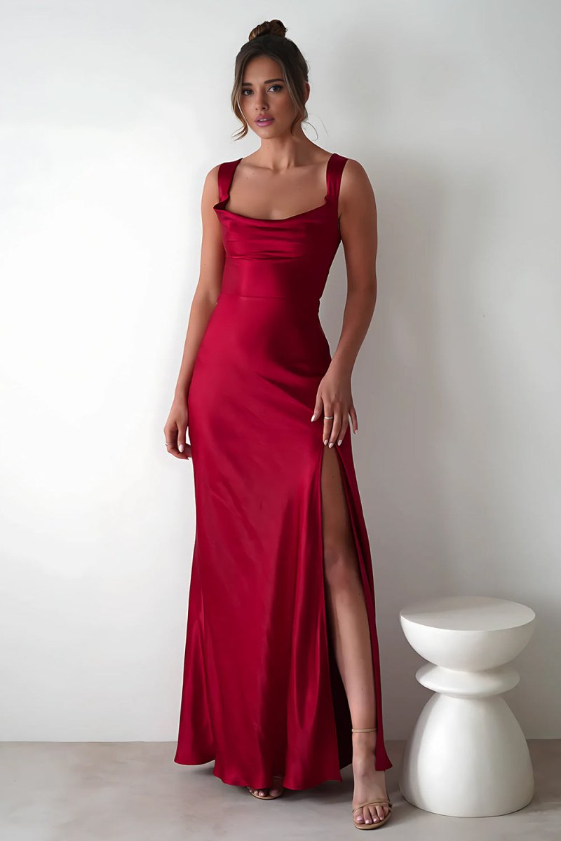 Auren | Red - A - Line Square Neck Satin Long Prom Dresses with Slit - KissProm