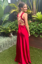 Auren | Red - A - Line Square Neck Satin Long Prom Dresses with Slit - KissProm