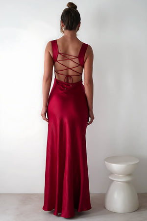 Auren | Red - A - Line Square Neck Satin Long Prom Dresses with Slit - KissProm