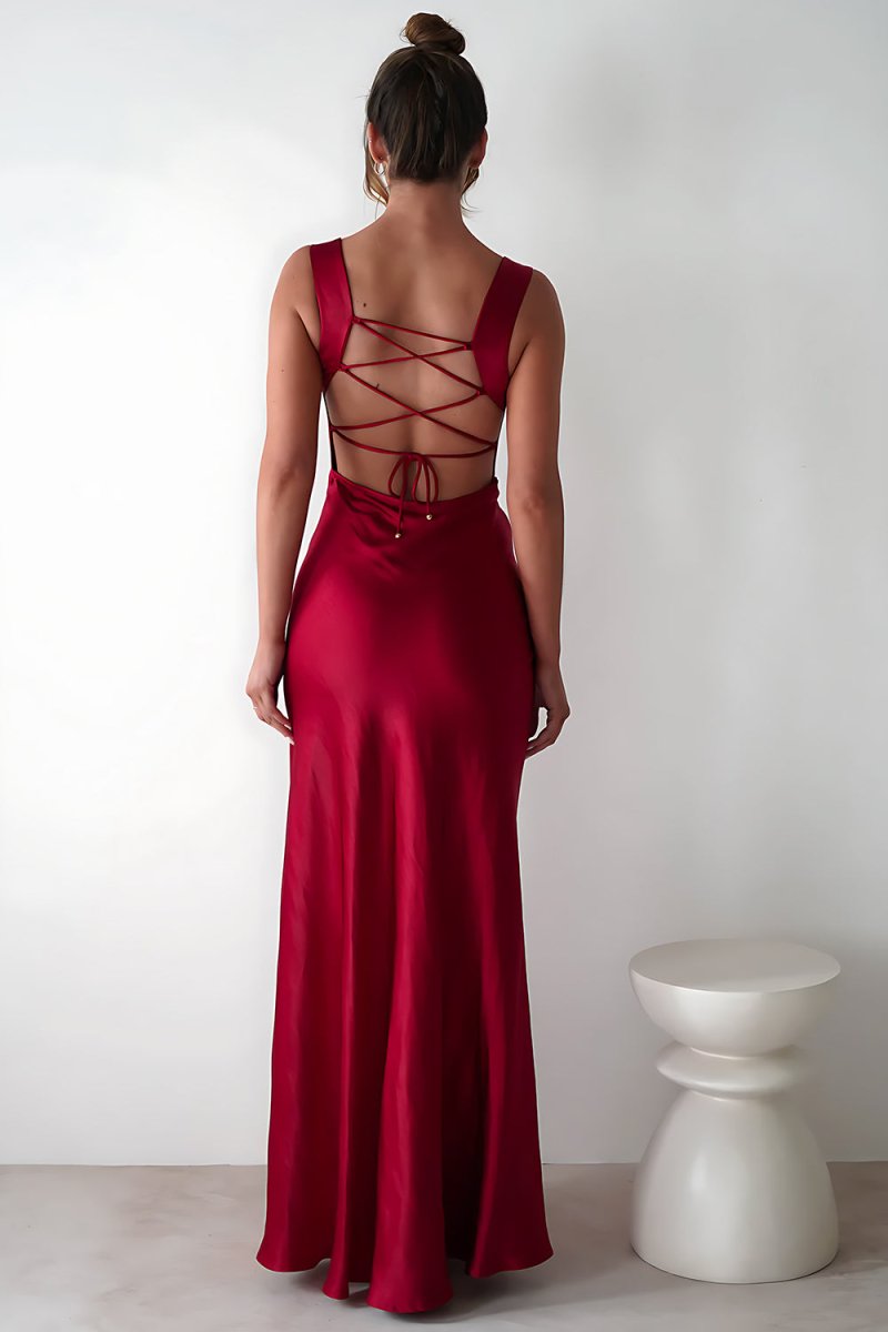 Auren | Red - A - Line Square Neck Satin Long Prom Dresses with Slit - KissProm