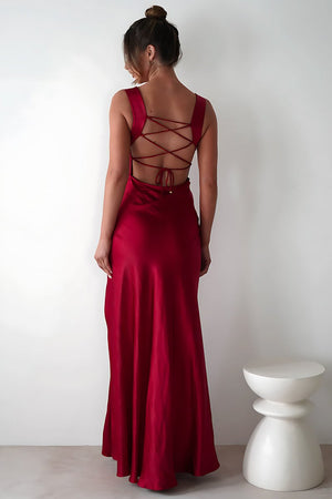 Auren | Red - A - Line Square Neck Satin Long Prom Dresses with Slit - KissProm