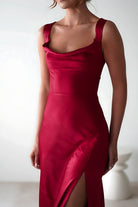 Auren | Red - A - Line Square Neck Satin Long Prom Dresses with Slit - KissProm