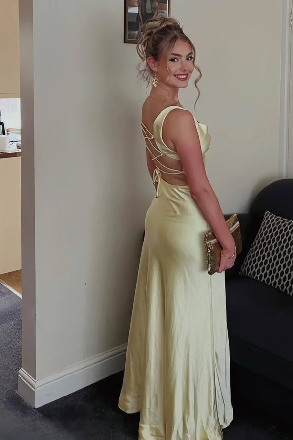 Auren | Yellow - A - Line Square Neck Satin Long Prom Dresses with Slit - KissProm