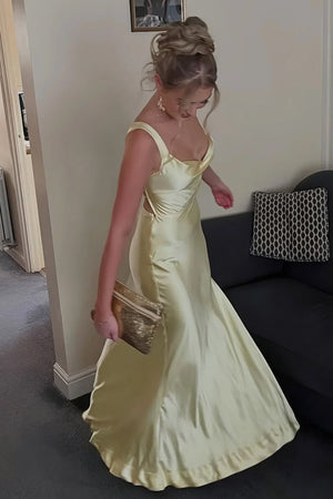 Auren | Yellow - A - Line Square Neck Satin Long Prom Dresses with Slit - KissProm
