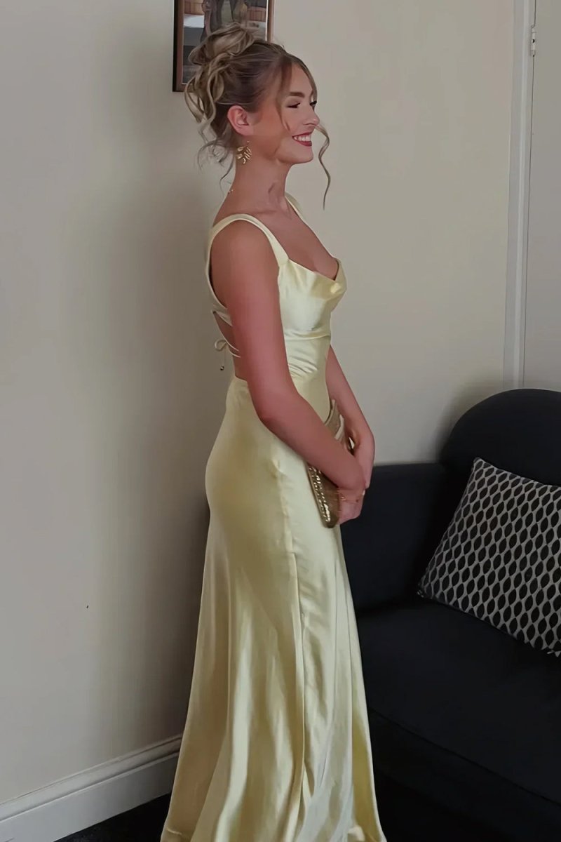 Auren | Red - A - Line Square Neck Satin Long Prom Dresses with Slit - KissProm