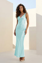 Aureth | Aqua - V Neck Sheath Satin Open Back Long Prom Dresses - KissProm