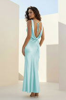 Aureth | Aqua - V Neck Sheath Satin Open Back Long Prom Dresses - KissProm