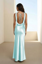 Aureth | Aqua - V Neck Sheath Satin Open Back Long Prom Dresses - KissProm