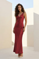 Aureth | Burgundy - V Neck Sheath Satin Open Back Long Prom Dresses - KissProm