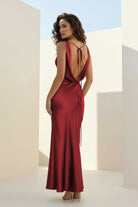 Aureth | Burgundy - V Neck Sheath Satin Open Back Long Prom Dresses - KissProm