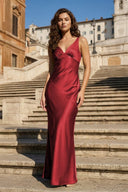 Sage V Neck Sheath Satin Open Back Long Prom Dresses - KissProm