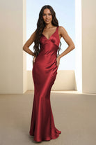 Aureth | Burgundy - V Neck Sheath Satin Open Back Long Prom Dresses - KissProm