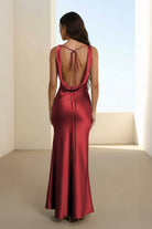 Aureth | Burgundy - V Neck Sheath Satin Open Back Long Prom Dresses - KissProm