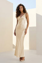 Aureth | Champagne - V Neck Sheath Satin Open Back Long Prom Dresses - KissProm
