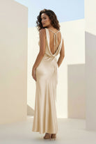 Aureth | Champagne - V Neck Sheath Satin Open Back Long Prom Dresses - KissProm