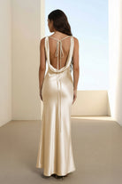 Aureth | Champagne - V Neck Sheath Satin Open Back Long Prom Dresses - KissProm