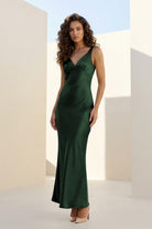 Aureth | Dark Green - V Neck Sheath Satin Open Back Long Prom Dresses - KissProm