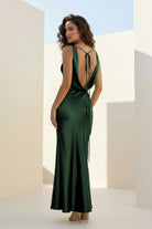 Aureth | Dark Green - V Neck Sheath Satin Open Back Long Prom Dresses - KissProm