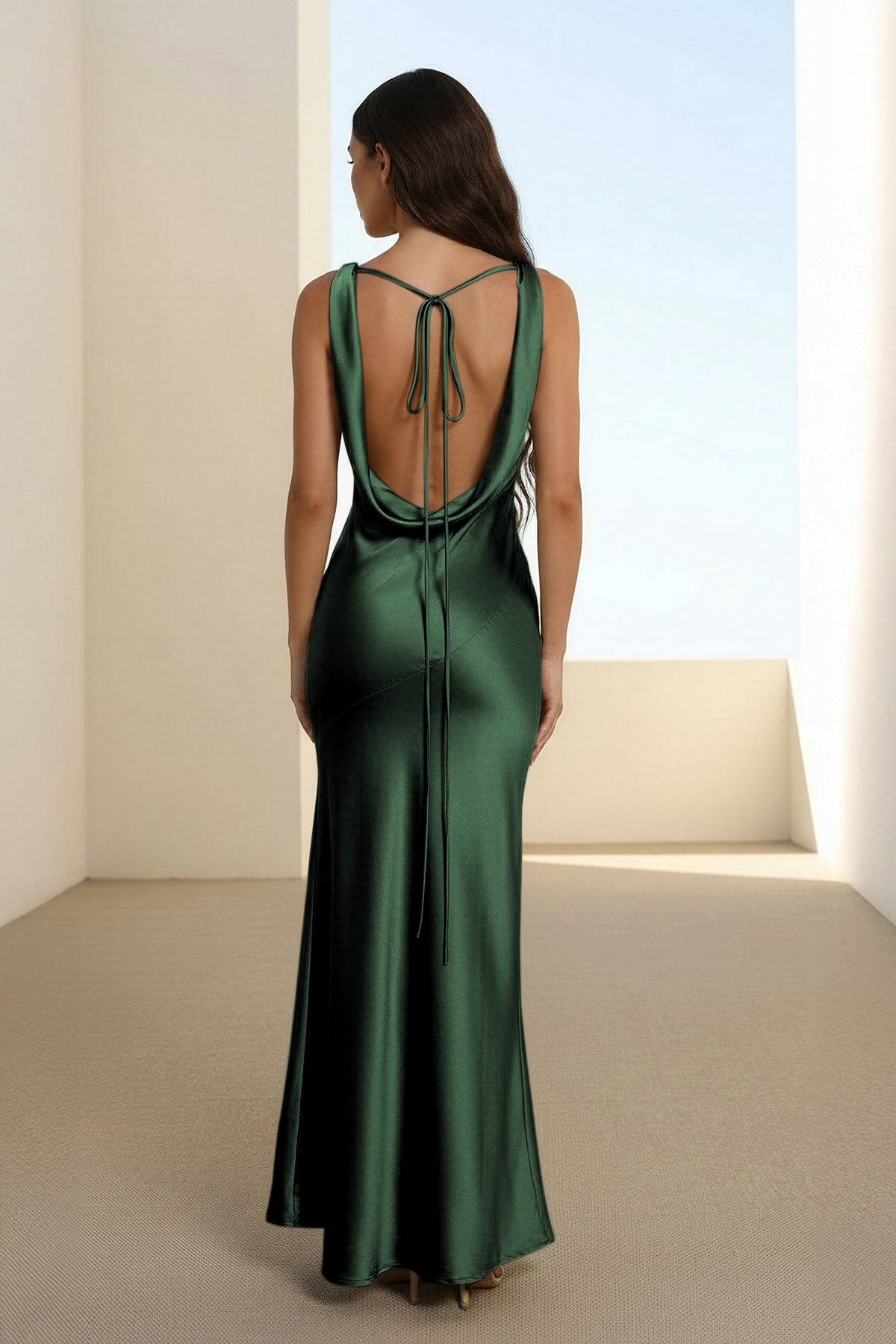 Aureth | Dark Green - V Neck Sheath Satin Open Back Long Prom Dresses - KissProm