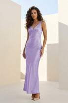 Aureth | Lavender - V Neck Sheath Satin Open Back Long Prom Dresses - KissProm