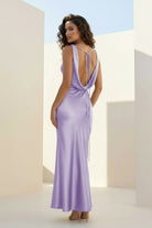 Aureth | Lavender - V Neck Sheath Satin Open Back Long Prom Dresses - KissProm