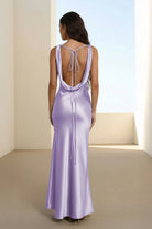 Aureth | Lavender - V Neck Sheath Satin Open Back Long Prom Dresses - KissProm