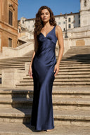 Navy Blue V Neck Sheath Satin Open Back Long Prom Dresses - KissProm