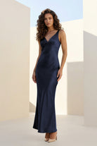 Aureth | Navy Blue - V Neck Sheath Satin Open Back Long Prom Dresses - KissProm