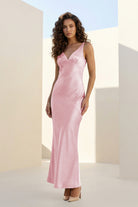 Aureth | Pink - V Neck Sheath Satin Open Back Long Prom Dresses - KissProm