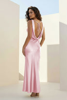 Aureth | Pink - V Neck Sheath Satin Open Back Long Prom Dresses - KissProm
