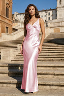 Sage V Neck Sheath Satin Open Back Long Prom Dresses - KissProm