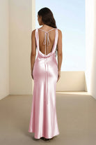 Aureth | Pink - V Neck Sheath Satin Open Back Long Prom Dresses - KissProm