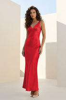 Aureth | Red - V Neck Sheath Satin Open Back Long Prom Dresses - KissProm