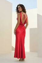 Aureth | Red - V Neck Sheath Satin Open Back Long Prom Dresses - KissProm