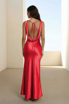 Aureth | Red - V Neck Sheath Satin Open Back Long Prom Dresses - KissProm