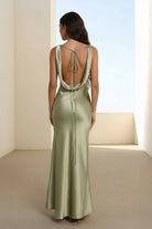 Aureth | Sage - V Neck Sheath Satin Open Back Long Prom Dresses - KissProm