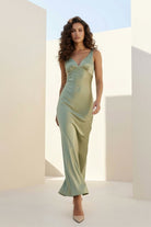 Aureth | Sage - V Neck Sheath Satin Open Back Long Prom Dresses - KissProm