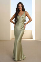 Aureth | Sage - V Neck Sheath Satin Open Back Long Prom Dresses - KissProm
