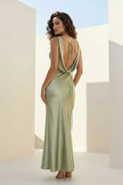 Aureth | Sage - V Neck Sheath Satin Open Back Long Prom Dresses - KissProm