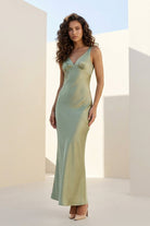 Aureth | Sage - V Neck Sheath Satin Open Back Long Prom Dresses - KissProm