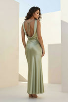 Aureth | Sage - V Neck Sheath Satin Open Back Long Prom Dresses - KissProm