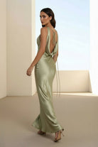 Aureth | Sage - V Neck Sheath Satin Open Back Long Prom Dresses - KissProm