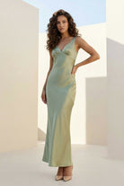 Aureth | Sage - V Neck Sheath Satin Open Back Long Prom Dresses - KissProm